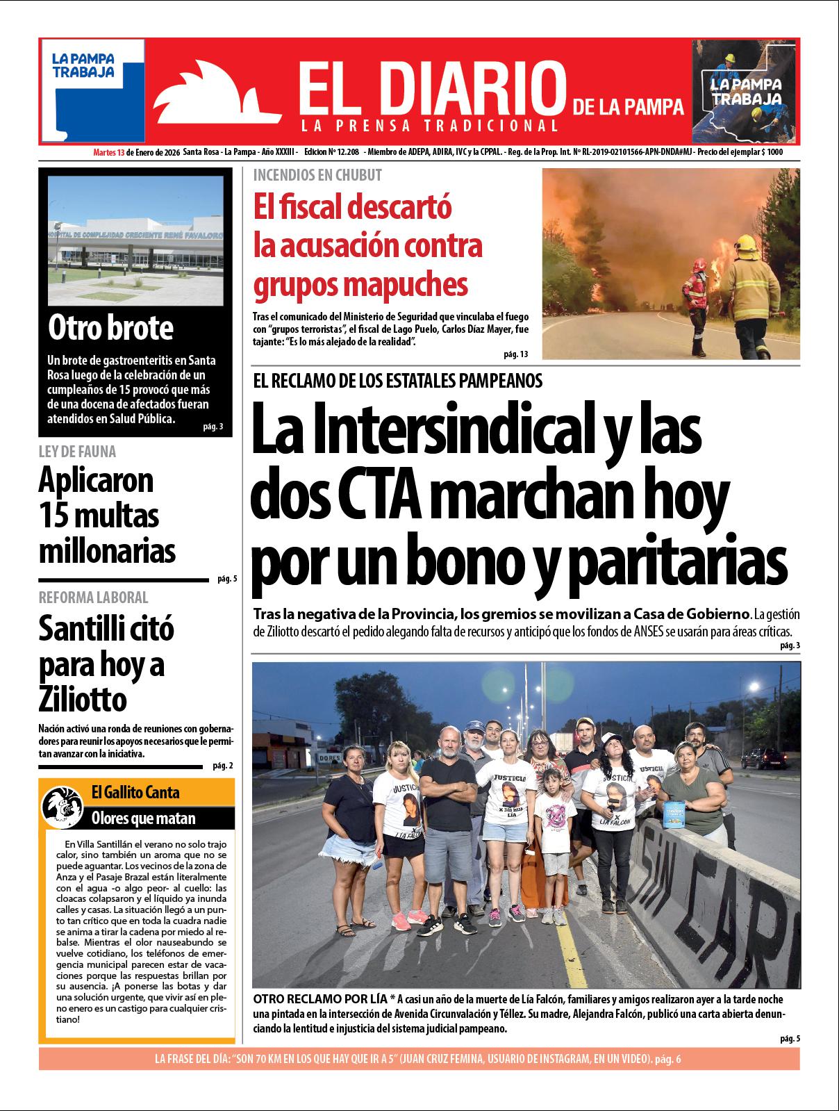 Tapa de El Diario en papel  martes 13 de enero de 2026